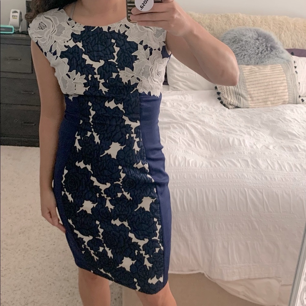 💙🤍JAX Dark Blue and White Lace Shape Hugging Dress